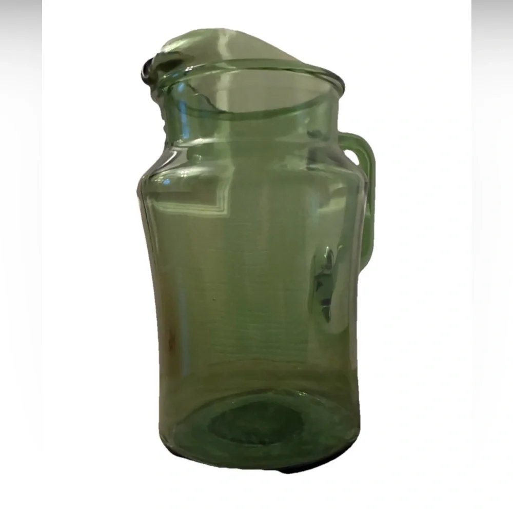 Vintage MCM Avocado Green Glass Pitcher with Ice Lip, 9.5” tall